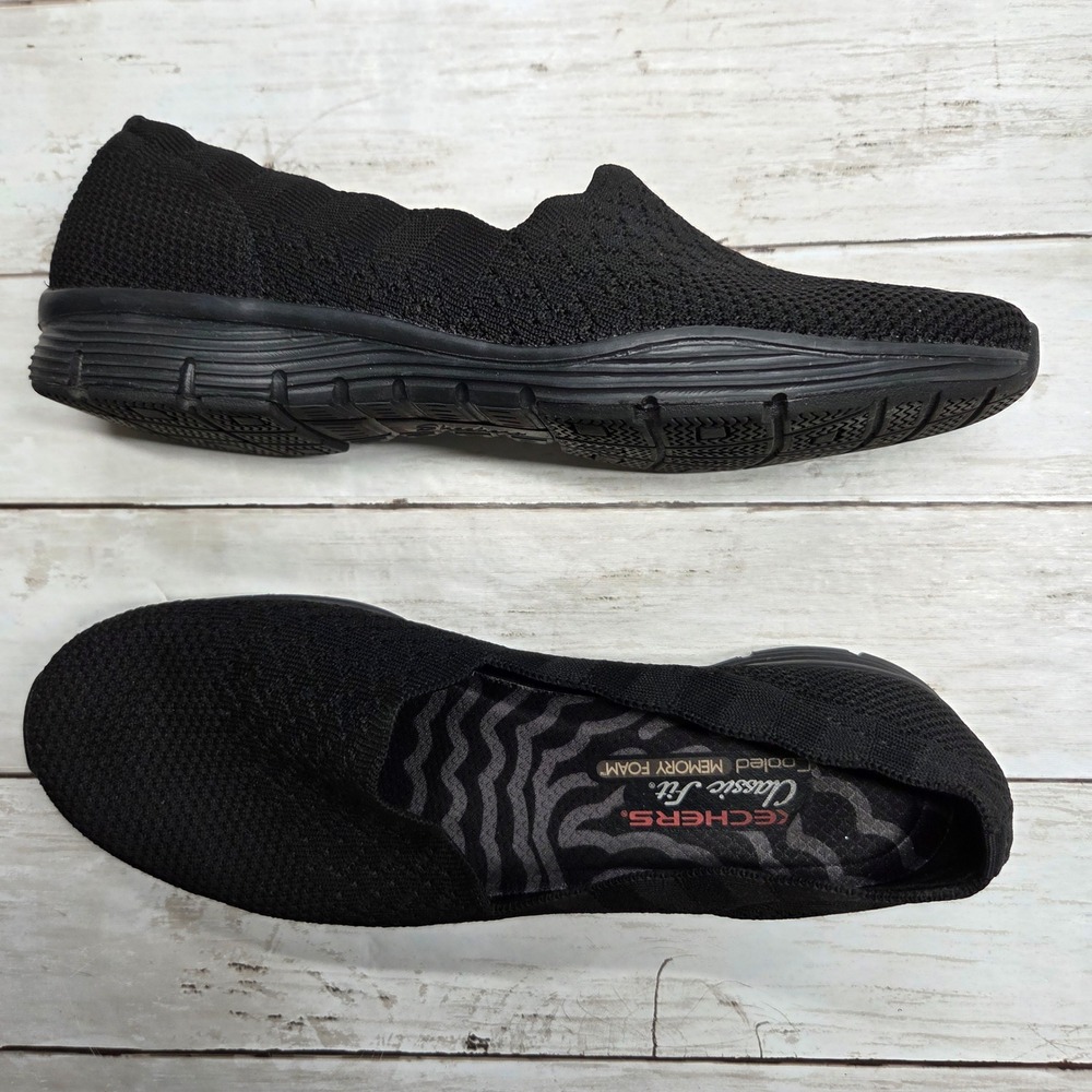Skechers Classic Fit 49481 Slip On Flat Women 9.5 Black Knit Memory Foam